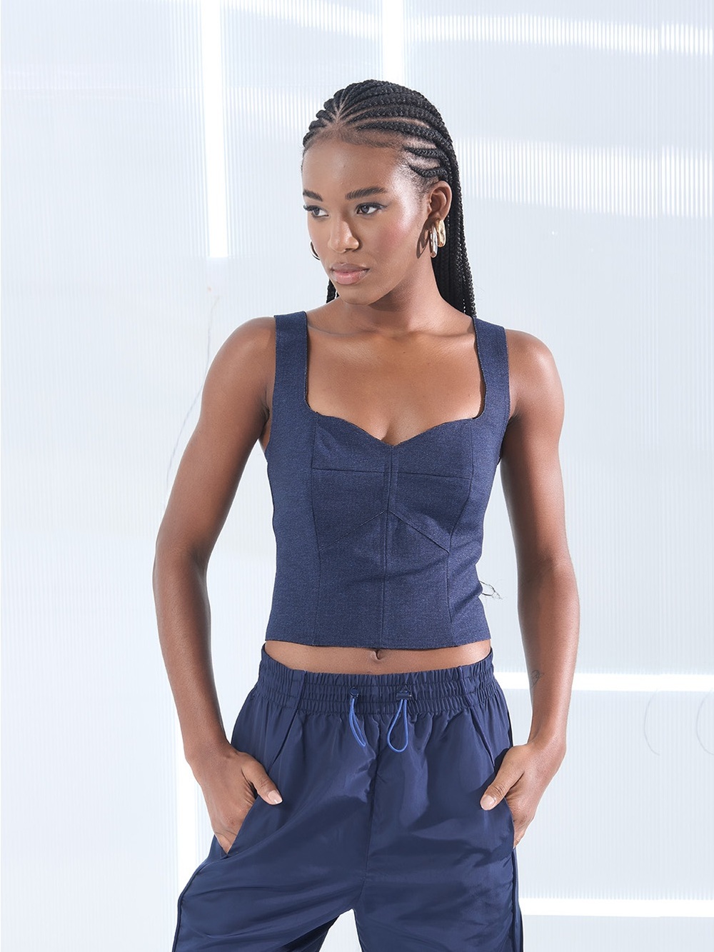 Open Navy Square-Neck Cropped Bustier Top